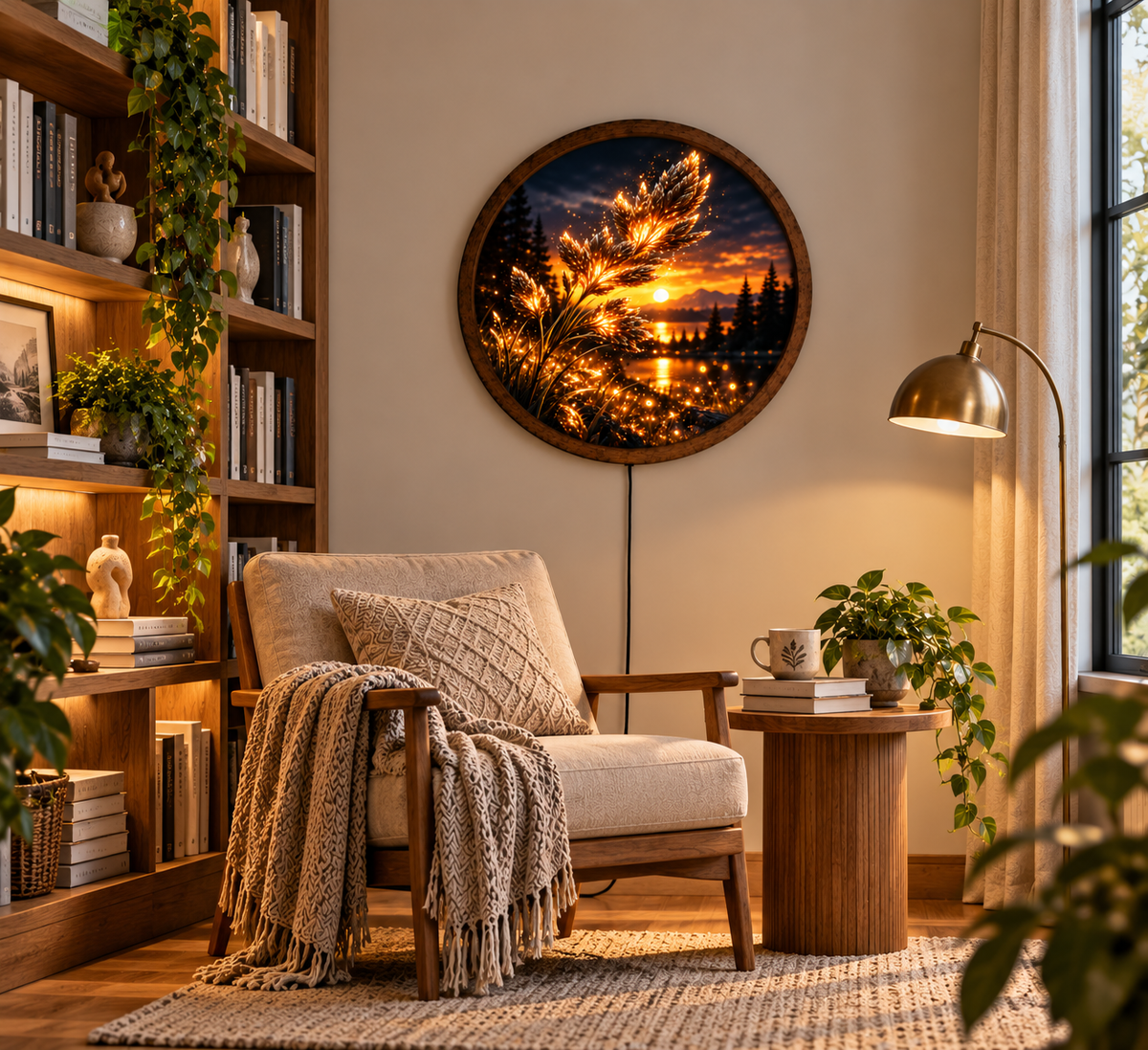 Golden Wheat LED Wall Art, Glowing Botanical Landscape Decor, Round Illuminated Nature Wall Light, Sunset Farmhouse Art, Rustic Home Decor