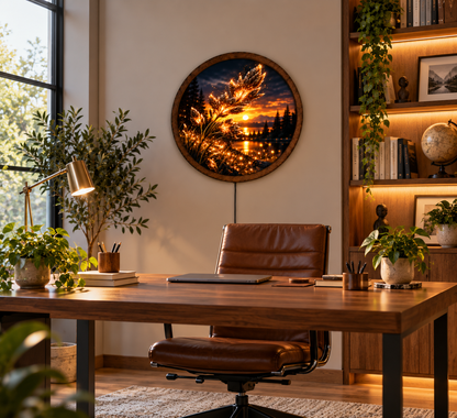 Golden Wheat LED Wall Art, Glowing Botanical Landscape Decor, Round Illuminated Nature Wall Light, Sunset Farmhouse Art, Rustic Home Decor