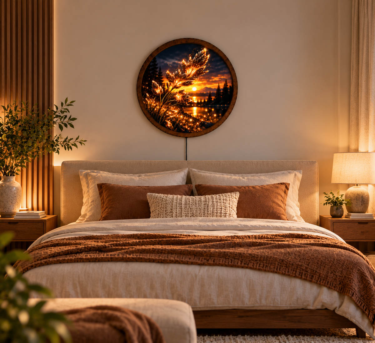 Golden Wheat LED Wall Art, Glowing Botanical Landscape Decor, Round Illuminated Nature Wall Light, Sunset Farmhouse Art, Rustic Home Decor