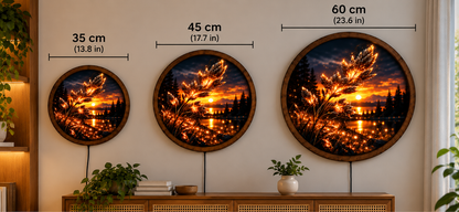 Golden Wheat LED Wall Art, Glowing Botanical Landscape Decor, Round Illuminated Nature Wall Light, Sunset Farmhouse Art, Rustic Home Decor