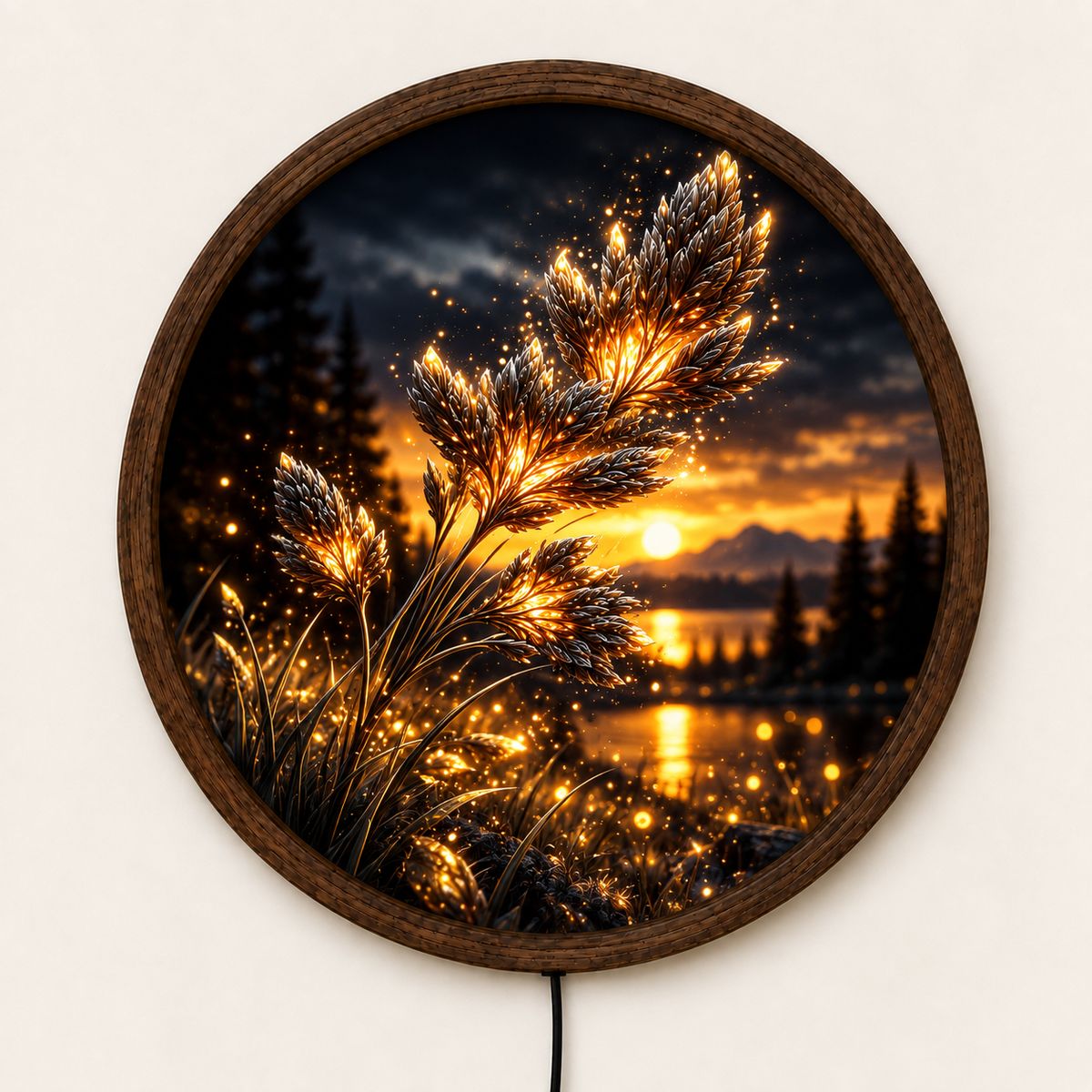 Golden Wheat LED Wall Art, Glowing Botanical Landscape Decor, Round Illuminated Nature Wall Light, Sunset Farmhouse Art, Rustic Home Decor