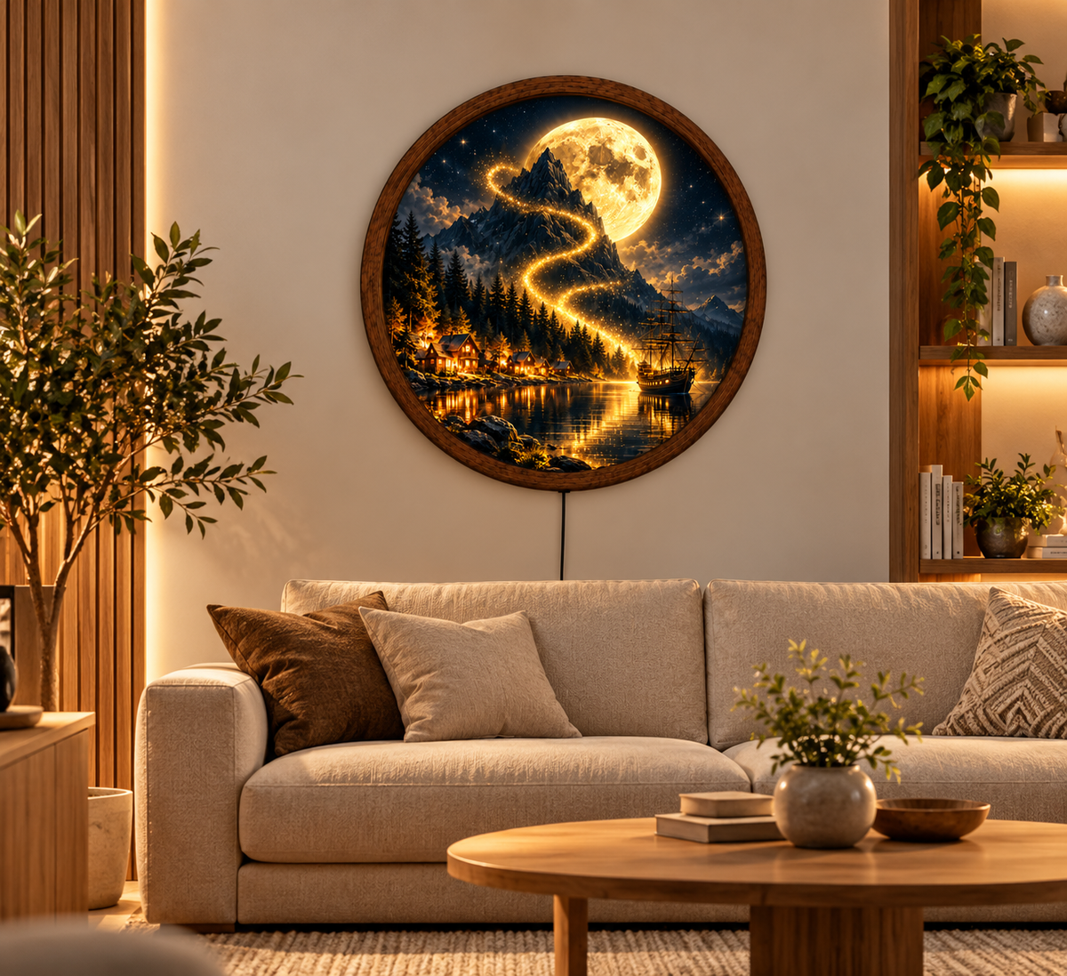 Golden Moon Mountain LED Wall Art, Fantasy Landscape Light, Round Illuminated Nature Decor, Moonlit Ship Wall Lamp, Rustic Cabin Home Decor