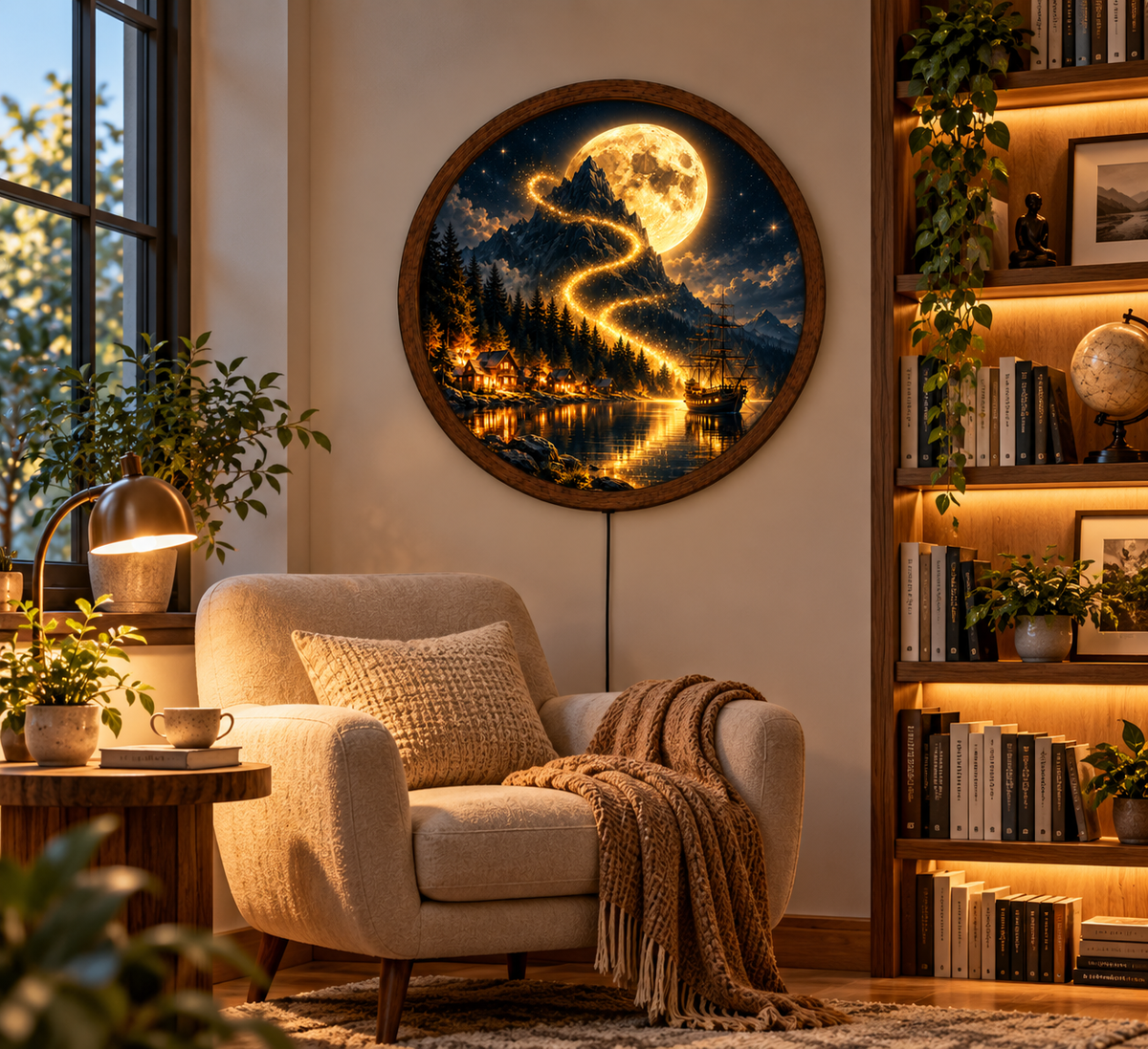 Golden Moon Mountain LED Wall Art, Fantasy Landscape Light, Round Illuminated Nature Decor, Moonlit Ship Wall Lamp, Rustic Cabin Home Decor