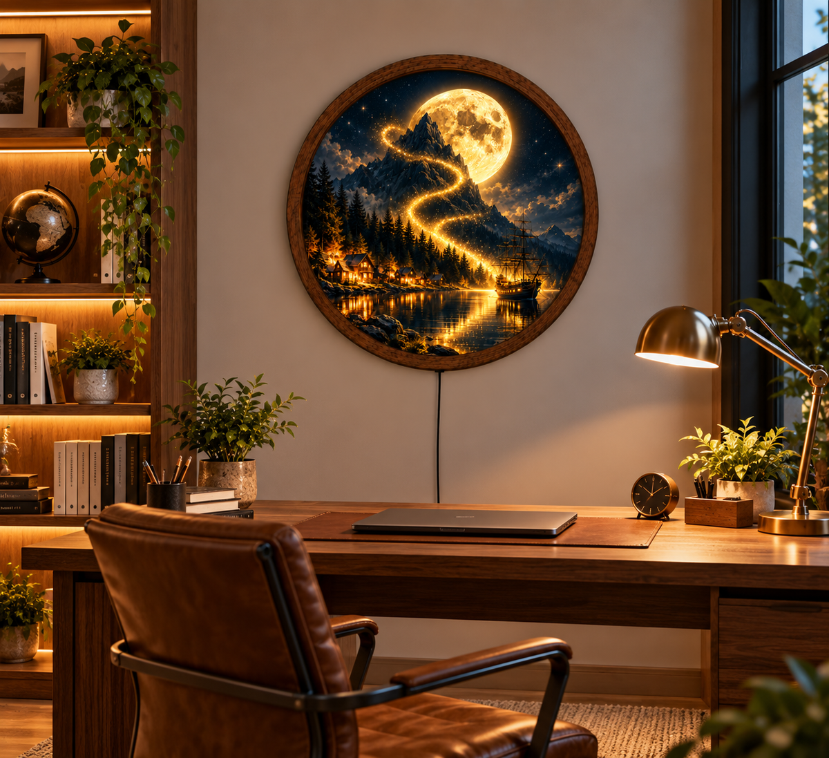Golden Moon Mountain LED Wall Art, Fantasy Landscape Light, Round Illuminated Nature Decor, Moonlit Ship Wall Lamp, Rustic Cabin Home Decor