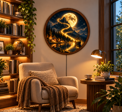 Golden Moon Mountain LED Wall Art, Fantasy Landscape Light, Round Illuminated Nature Decor, Moonlit Ship Wall Lamp, Rustic Cabin Home Decor