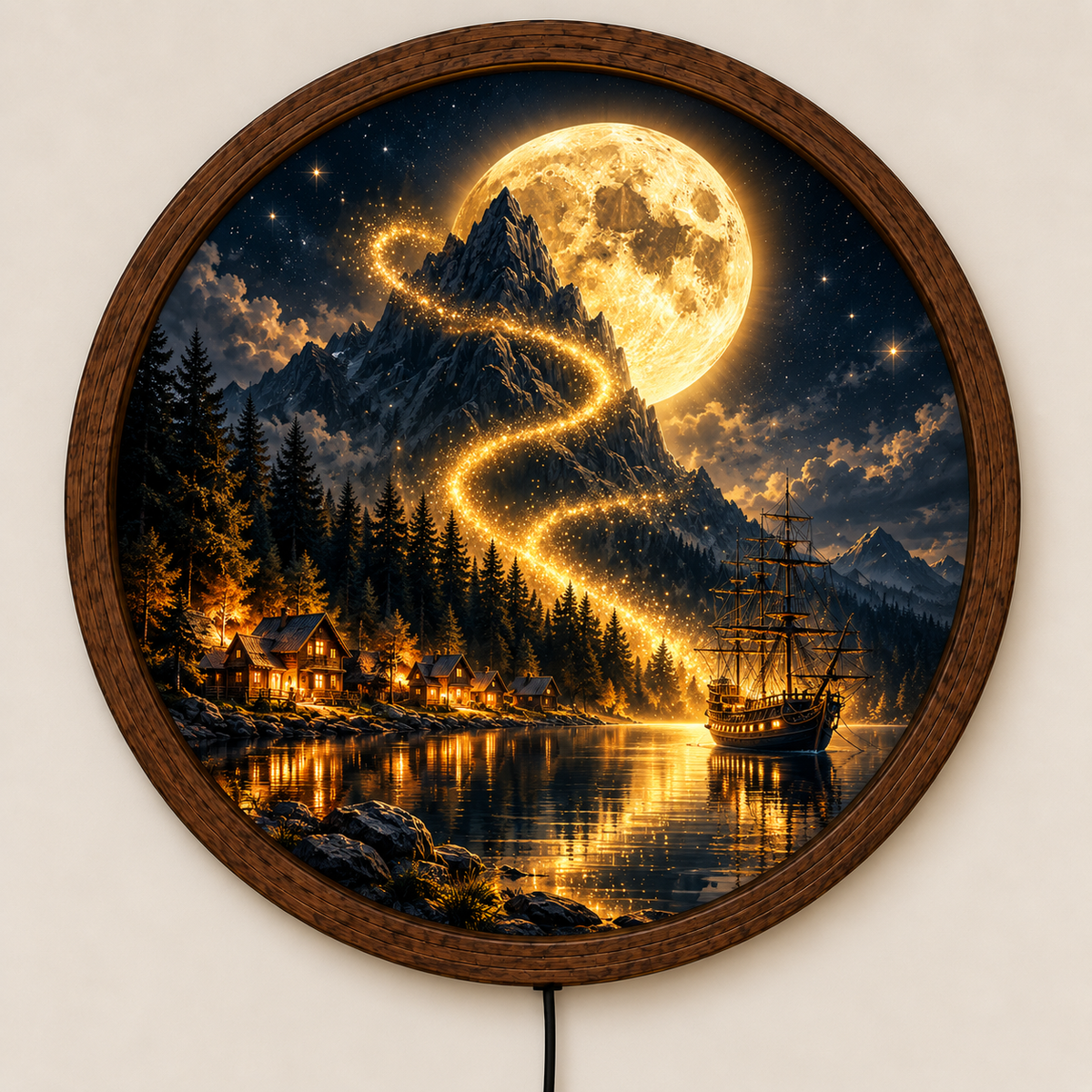 Golden Moon Mountain LED Wall Art, Fantasy Landscape Light, Round Illuminated Nature Decor, Moonlit Ship Wall Lamp, Rustic Cabin Home Decor