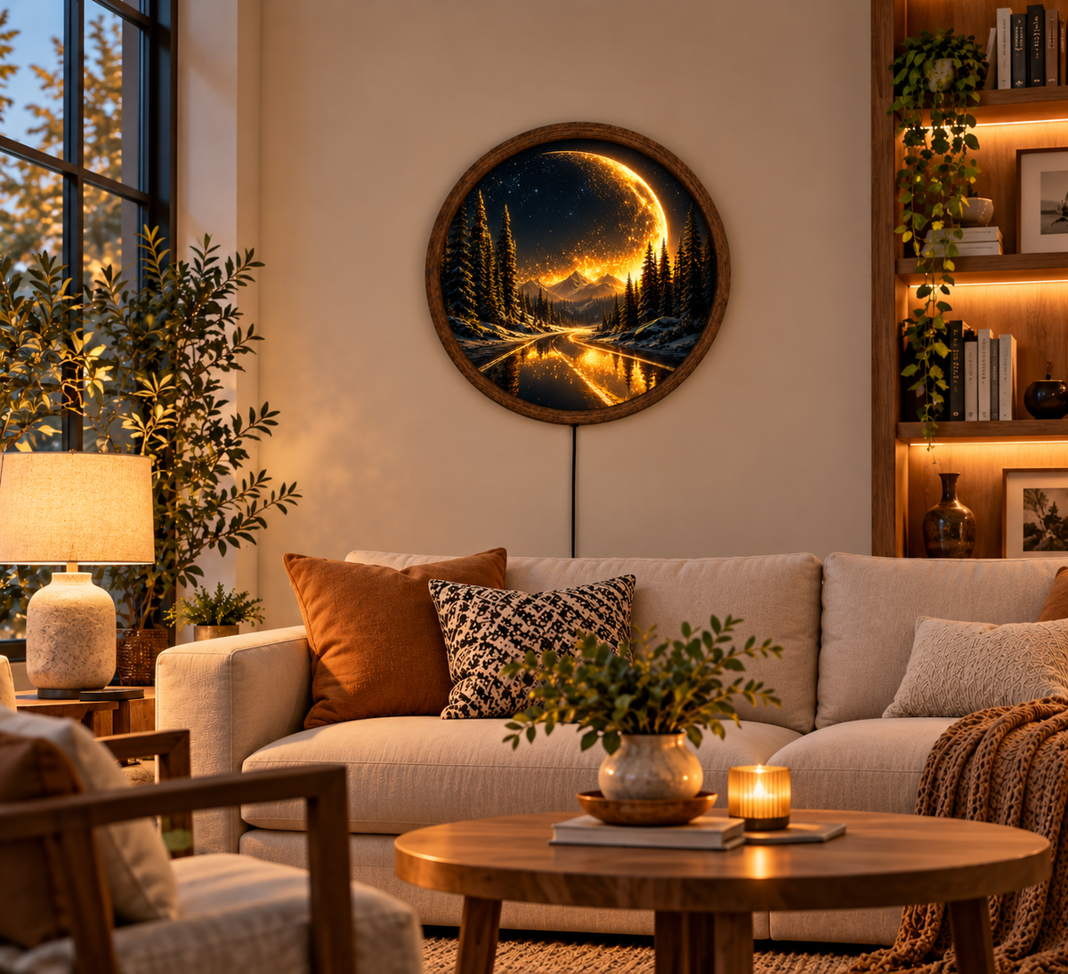 Golden Crescent Moon LED Wall Art, Mountain Forest Landscape Light, Round Illuminated Nature Decor, Celestial Wall Lamp, Rustic Cabin Decor