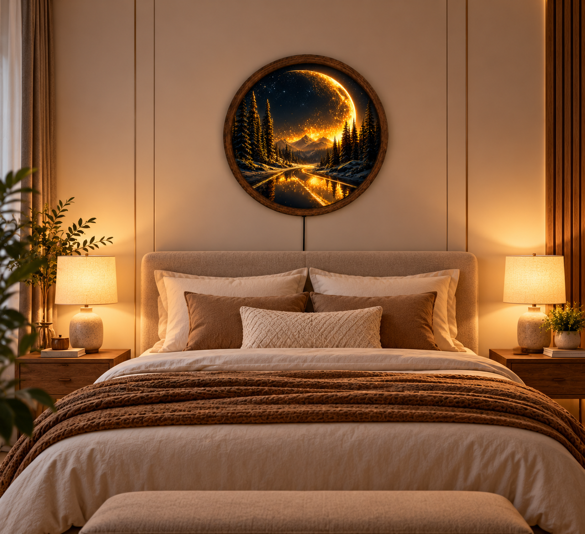 Golden Crescent Moon LED Wall Art, Mountain Forest Landscape Light, Round Illuminated Nature Decor, Celestial Wall Lamp, Rustic Cabin Decor