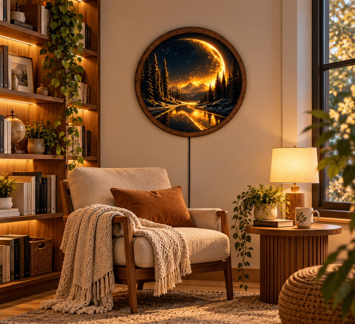 Golden Crescent Moon LED Wall Art, Mountain Forest Landscape Light, Round Illuminated Nature Decor, Celestial Wall Lamp, Rustic Cabin Decor
