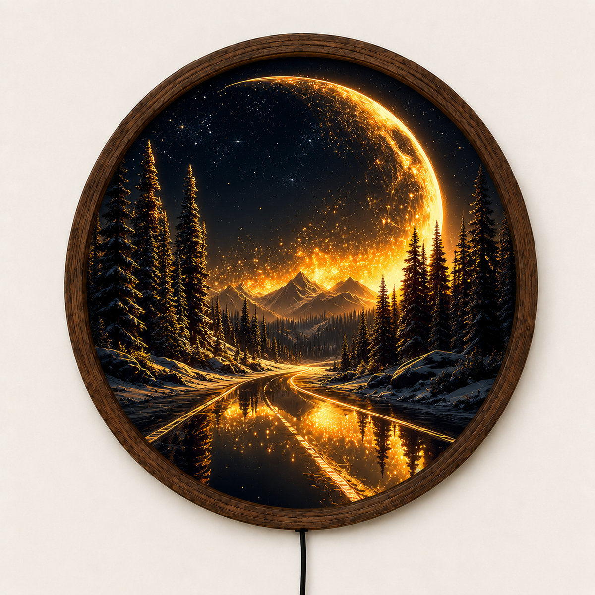 Golden Crescent Moon LED Wall Art, Mountain Forest Landscape Light, Round Illuminated Nature Decor, Celestial Wall Lamp, Rustic Cabin Decor