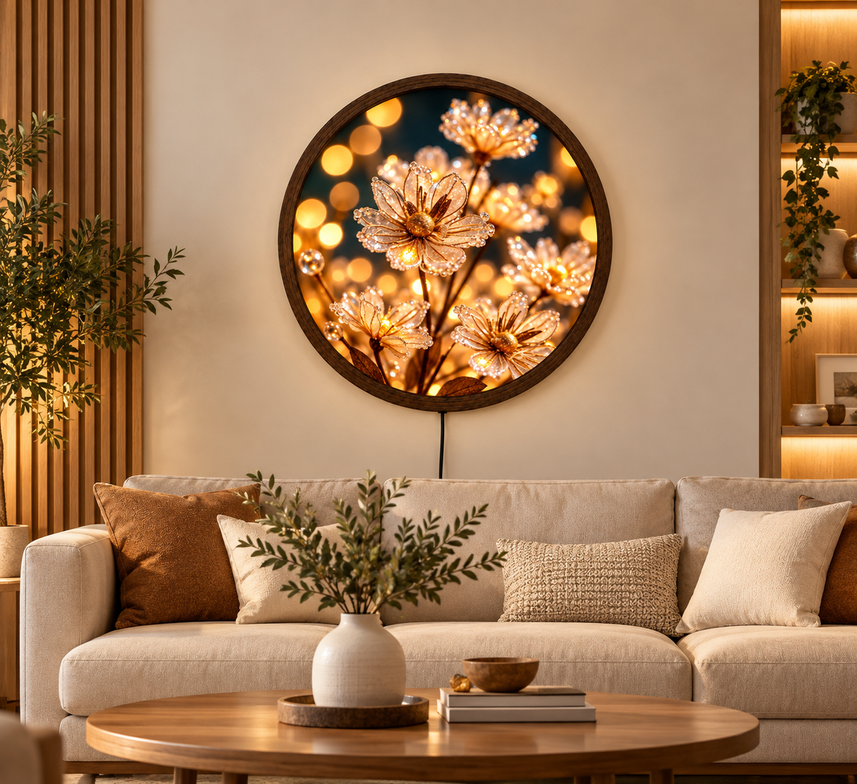 Golden Floral LED Wall Art, Round Illuminated Flower Wall Decor, Warm Glow Botanical Wall Light, Elegant Bedroom Living Room Decor