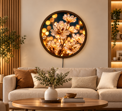Golden Floral LED Wall Art, Round Illuminated Flower Wall Decor, Warm Glow Botanical Wall Light, Elegant Bedroom Living Room Decor