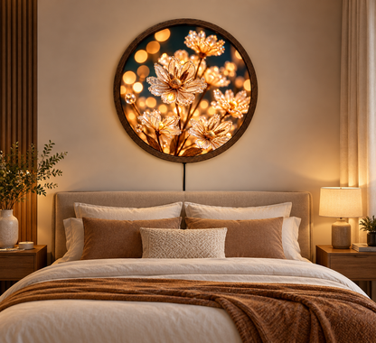Golden Floral LED Wall Art, Round Illuminated Flower Wall Decor, Warm Glow Botanical Wall Light, Elegant Bedroom Living Room Decor