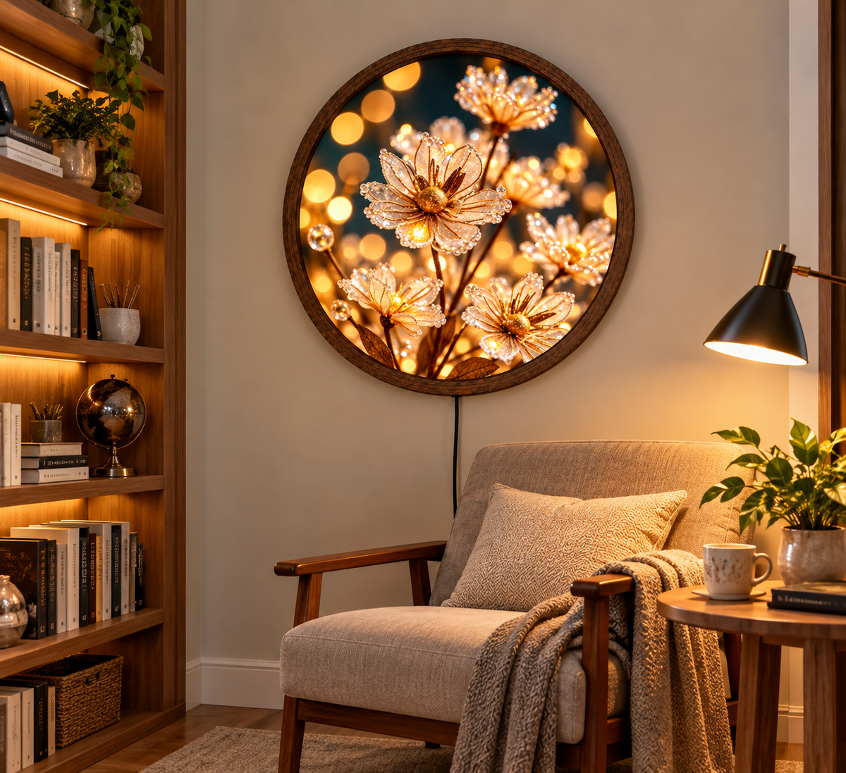 Golden Floral LED Wall Art, Round Illuminated Flower Wall Decor, Warm Glow Botanical Wall Light, Elegant Bedroom Living Room Decor