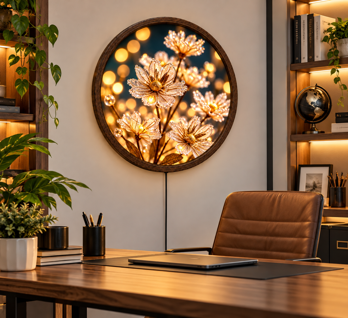 Golden Floral LED Wall Art, Round Illuminated Flower Wall Decor, Warm Glow Botanical Wall Light, Elegant Bedroom Living Room Decor
