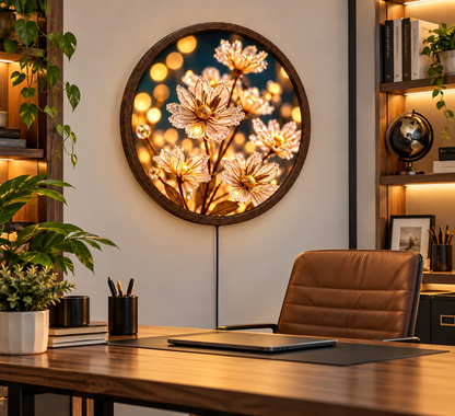 Golden Floral LED Wall Art, Round Illuminated Flower Wall Decor, Warm Glow Botanical Wall Light, Elegant Bedroom Living Room Decor