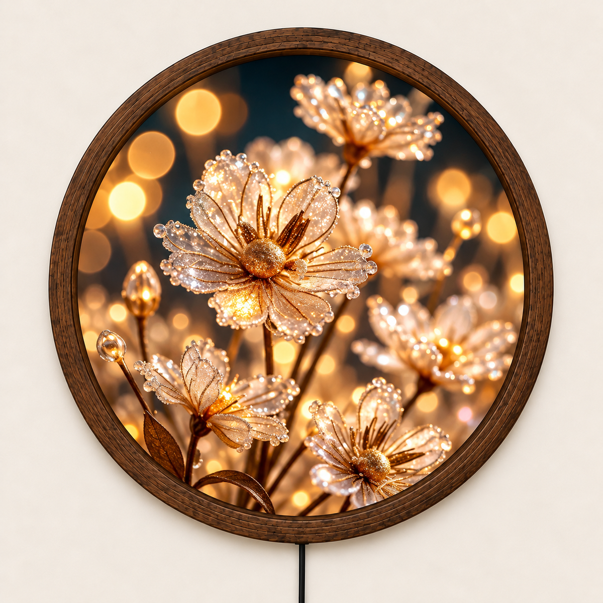 Golden Floral LED Wall Art, Round Illuminated Flower Wall Decor, Warm Glow Botanical Wall Light, Elegant Bedroom Living Room Decor