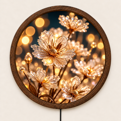 Golden Floral LED Wall Art, Round Illuminated Flower Wall Decor, Warm Glow Botanical Wall Light, Elegant Bedroom Living Room Decor
