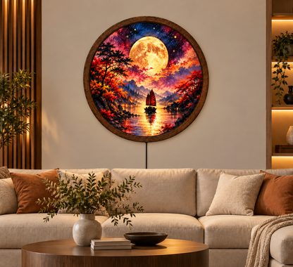 Full Moon LED Wall Art, Colorful Fantasy Landscape Wall Light, Moonlit Sailboat Decor, Round Illuminated Wall Art, Bedroom Living Room Decor