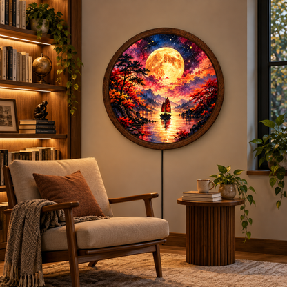 Full Moon LED Wall Art, Colorful Fantasy Landscape Wall Light, Moonlit Sailboat Decor, Round Illuminated Wall Art, Bedroom Living Room Decor