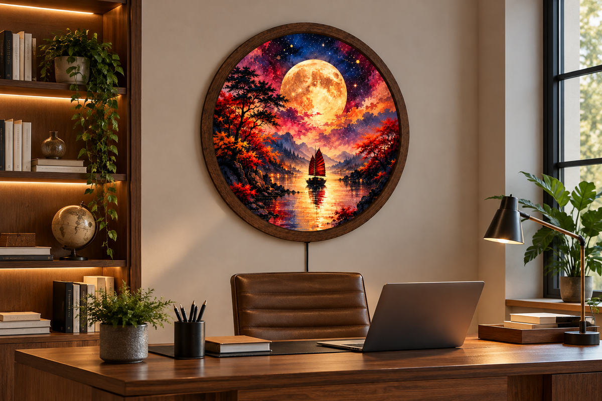 Full Moon LED Wall Art, Colorful Fantasy Landscape Wall Light, Moonlit Sailboat Decor, Round Illuminated Wall Art, Bedroom Living Room Decor