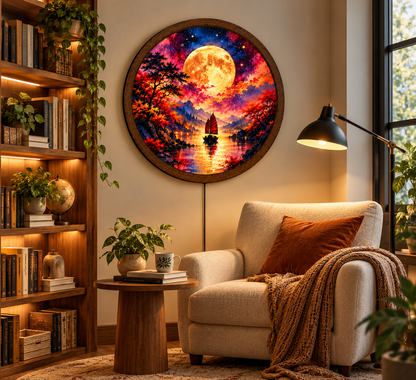 Full Moon LED Wall Art, Colorful Fantasy Landscape Wall Light, Moonlit Sailboat Decor, Round Illuminated Wall Art, Bedroom Living Room Decor