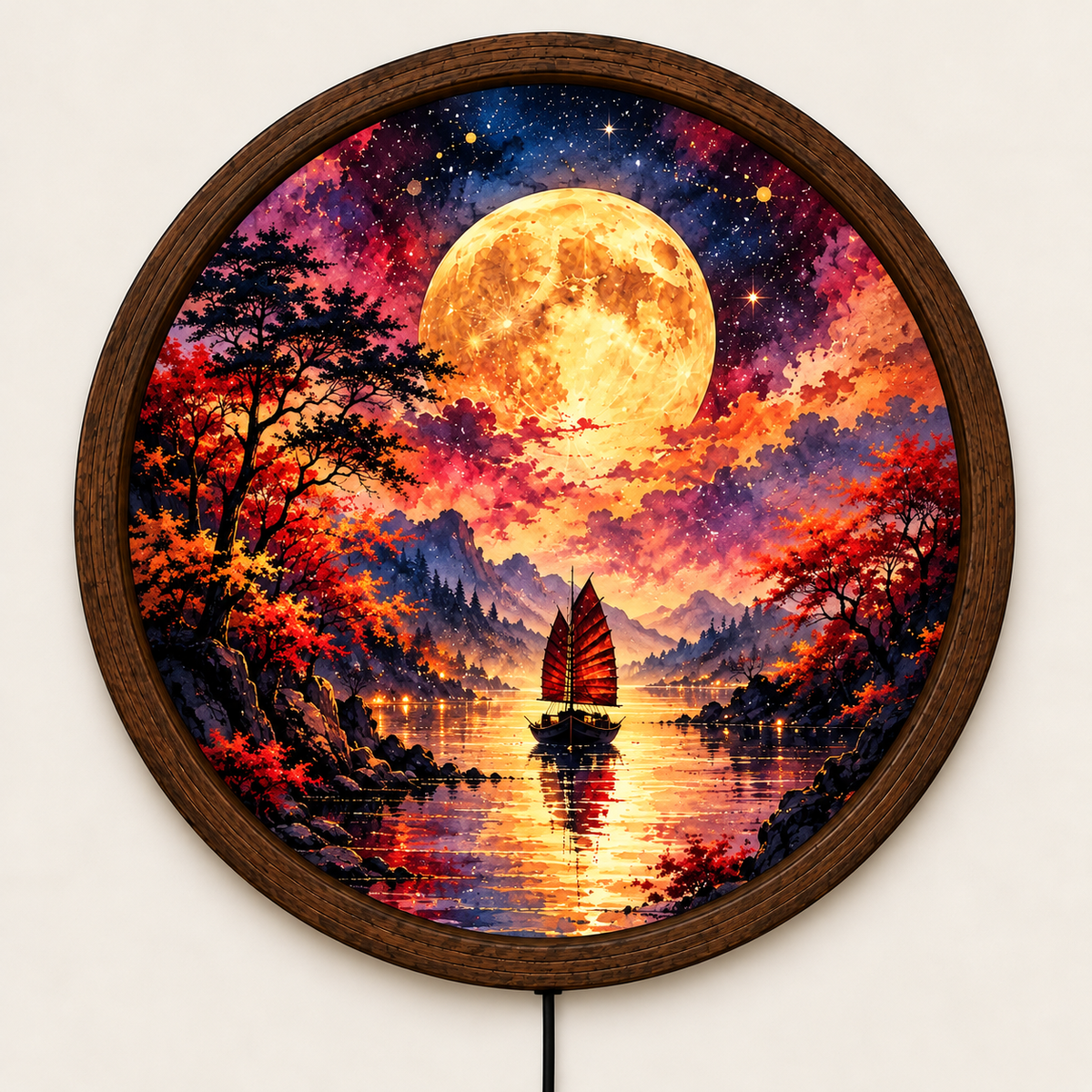 Full Moon LED Wall Art, Colorful Fantasy Landscape Wall Light, Moonlit Sailboat Decor, Round Illuminated Wall Art, Bedroom Living Room Decor