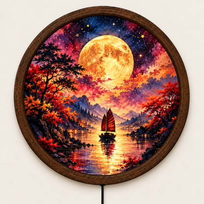 Full Moon LED Wall Art, Colorful Fantasy Landscape Wall Light, Moonlit Sailboat Decor, Round Illuminated Wall Art, Bedroom Living Room Decor