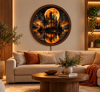 Orange Moon LED Wall Art, Moonlit Pine Forest Landscape, Round Illuminated Wall Decor, Glowing Nature Wall Light, Rustic Bedroom Decor
