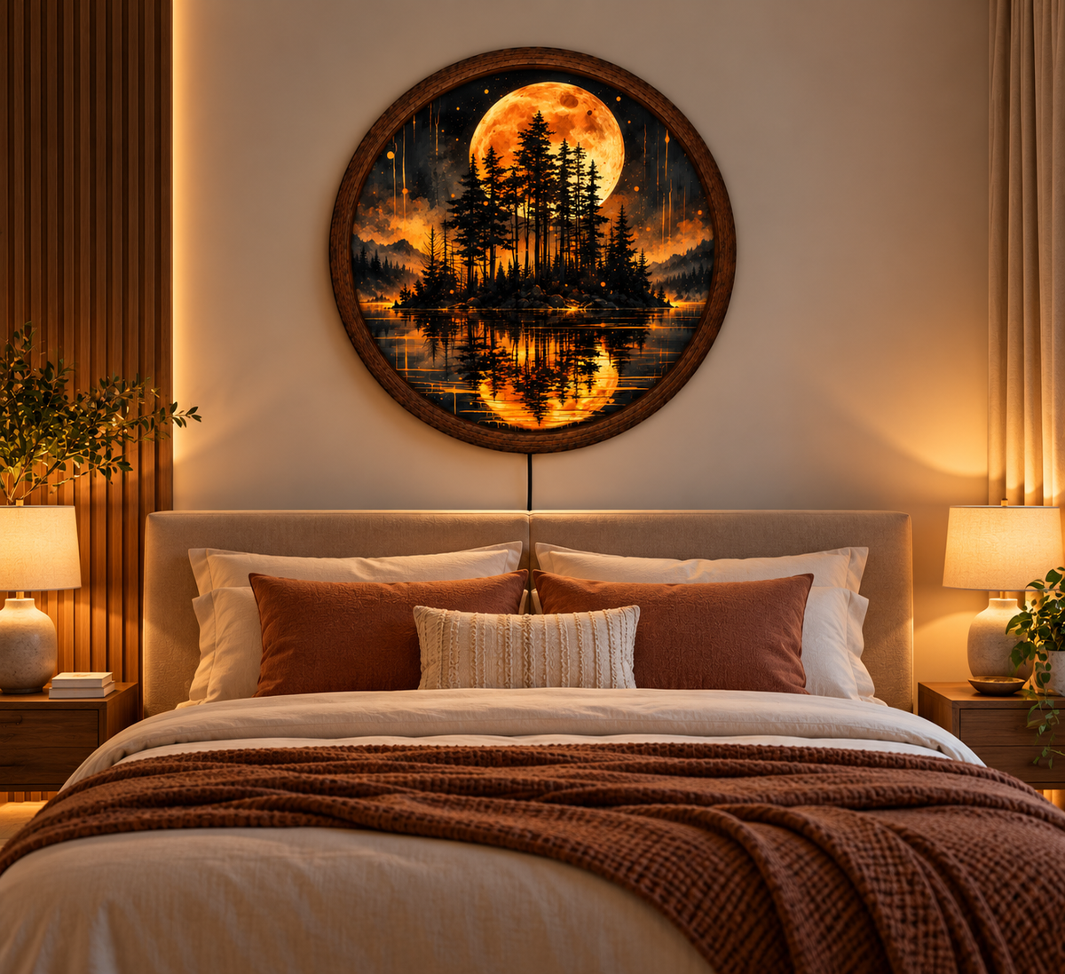 Orange Moon LED Wall Art, Moonlit Pine Forest Landscape, Round Illuminated Wall Decor, Glowing Nature Wall Light, Rustic Bedroom Decor