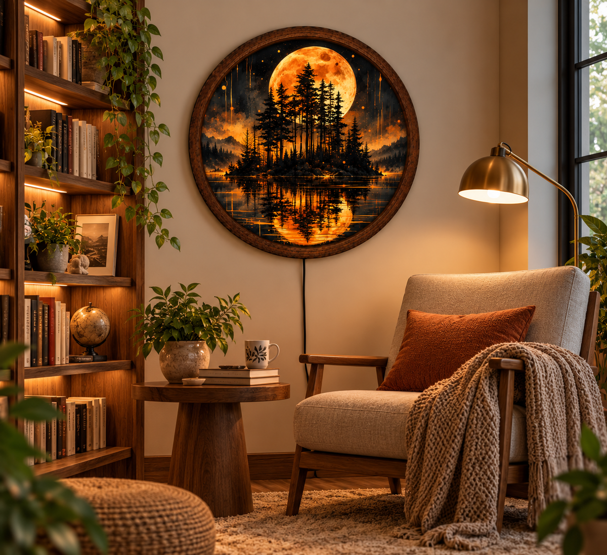 Orange Moon LED Wall Art, Moonlit Pine Forest Landscape, Round Illuminated Wall Decor, Glowing Nature Wall Light, Rustic Bedroom Decor