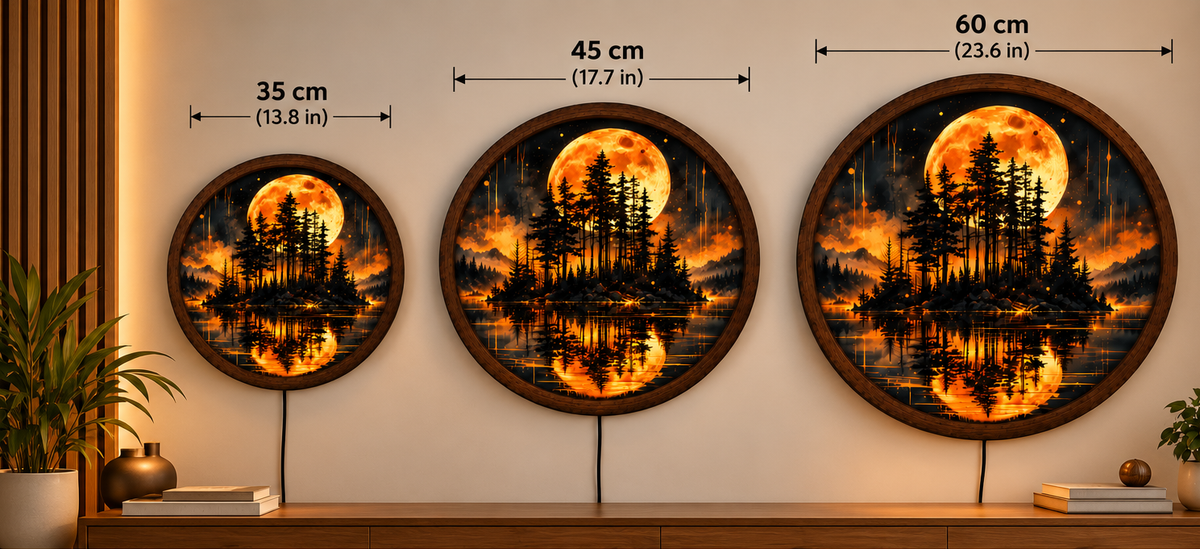Orange Moon LED Wall Art, Moonlit Pine Forest Landscape, Round Illuminated Wall Decor, Glowing Nature Wall Light, Rustic Bedroom Decor