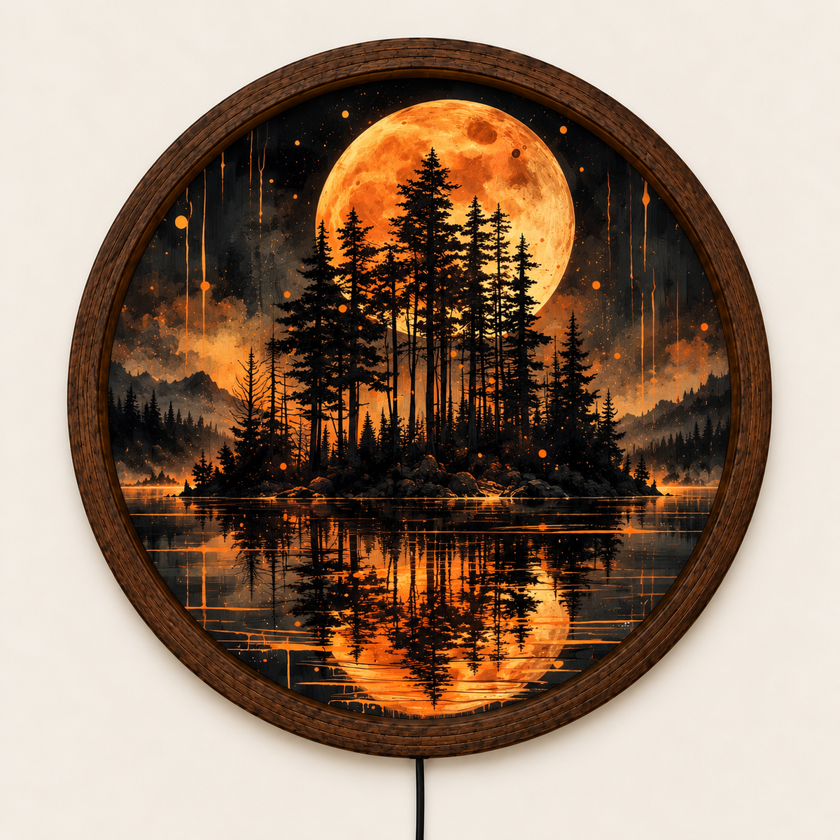 Orange Moon LED Wall Art, Moonlit Pine Forest Landscape, Round Illuminated Wall Decor, Glowing Nature Wall Light, Rustic Bedroom Decor