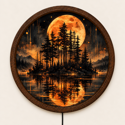 Orange Moon LED Wall Art, Moonlit Pine Forest Landscape, Round Illuminated Wall Decor, Glowing Nature Wall Light, Rustic Bedroom Decor