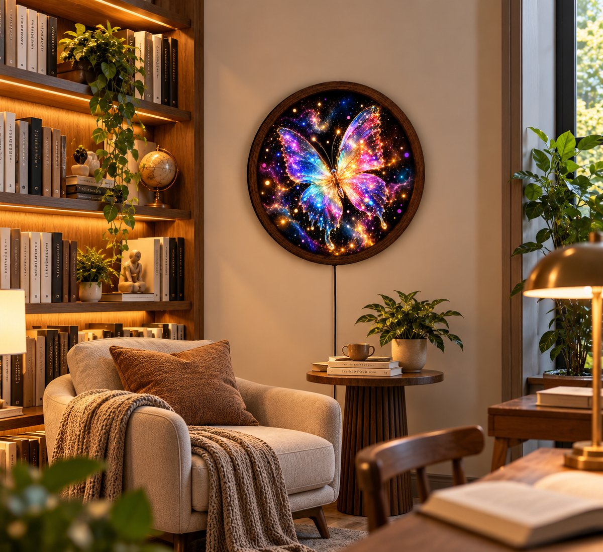 Colorful Butterfly LED Wall Art, Glowing Rainbow Butterfly Wall Light, Round Illuminated Butterfly Decor, Fantasy Bedroom Living Room Art