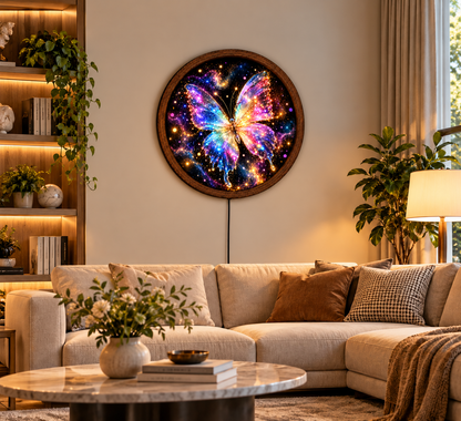 Colorful Butterfly LED Wall Art, Glowing Rainbow Butterfly Wall Light, Round Illuminated Butterfly Decor, Fantasy Bedroom Living Room Art