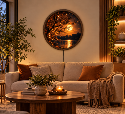 Moonlight Lake LED Wall Art, Glowing Tree Round Wall Light, Full Moon Landscape Decor, Illuminated Nature Wall Art, Cozy Bedroom Decor