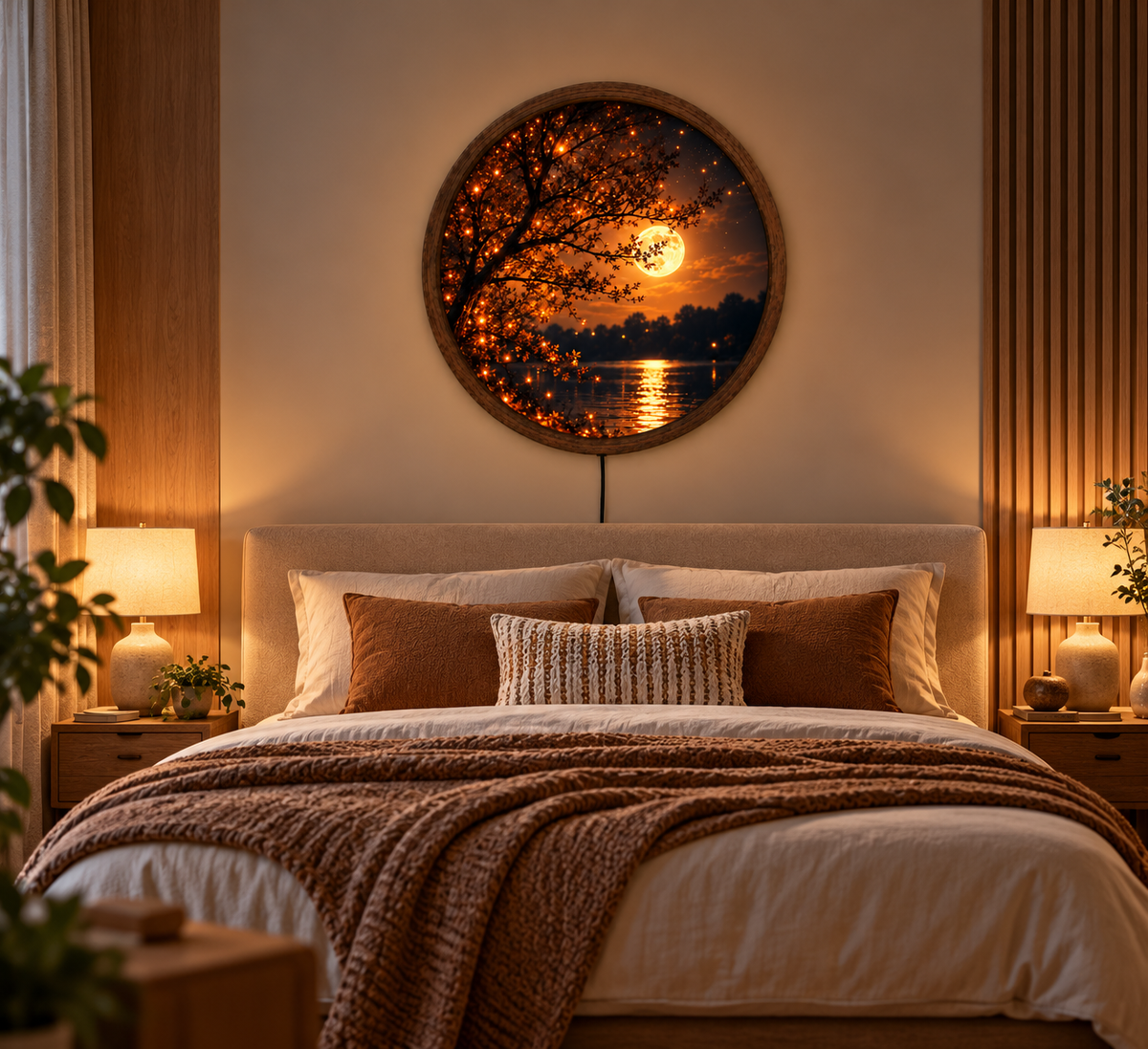 Moonlight Lake LED Wall Art, Glowing Tree Round Wall Light, Full Moon Landscape Decor, Illuminated Nature Wall Art, Cozy Bedroom Decor