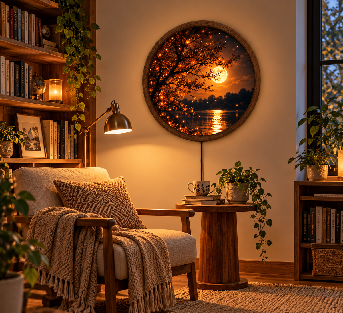 Moonlight Lake LED Wall Art, Glowing Tree Round Wall Light, Full Moon Landscape Decor, Illuminated Nature Wall Art, Cozy Bedroom Decor