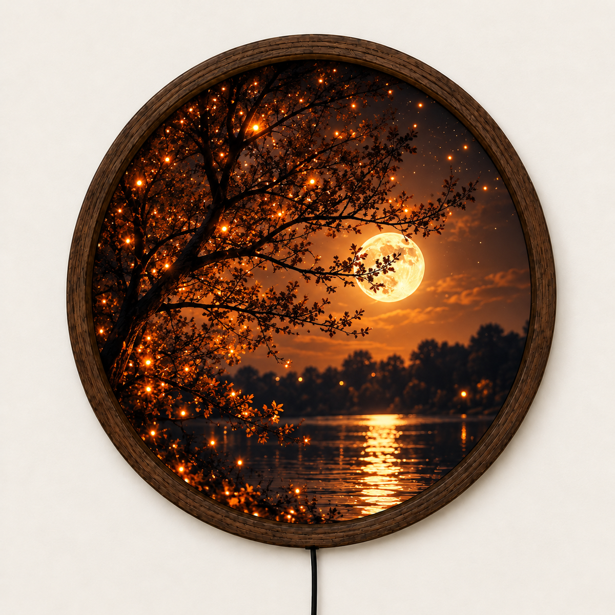 Moonlight Lake LED Wall Art, Glowing Tree Round Wall Light, Full Moon Landscape Decor, Illuminated Nature Wall Art, Cozy Bedroom Decor