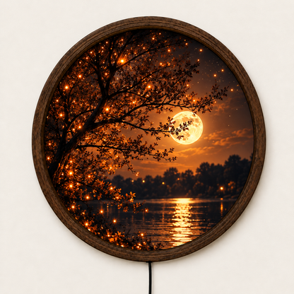 Moonlight Lake LED Wall Art, Glowing Tree Round Wall Light, Full Moon Landscape Decor, Illuminated Nature Wall Art, Cozy Bedroom Decor