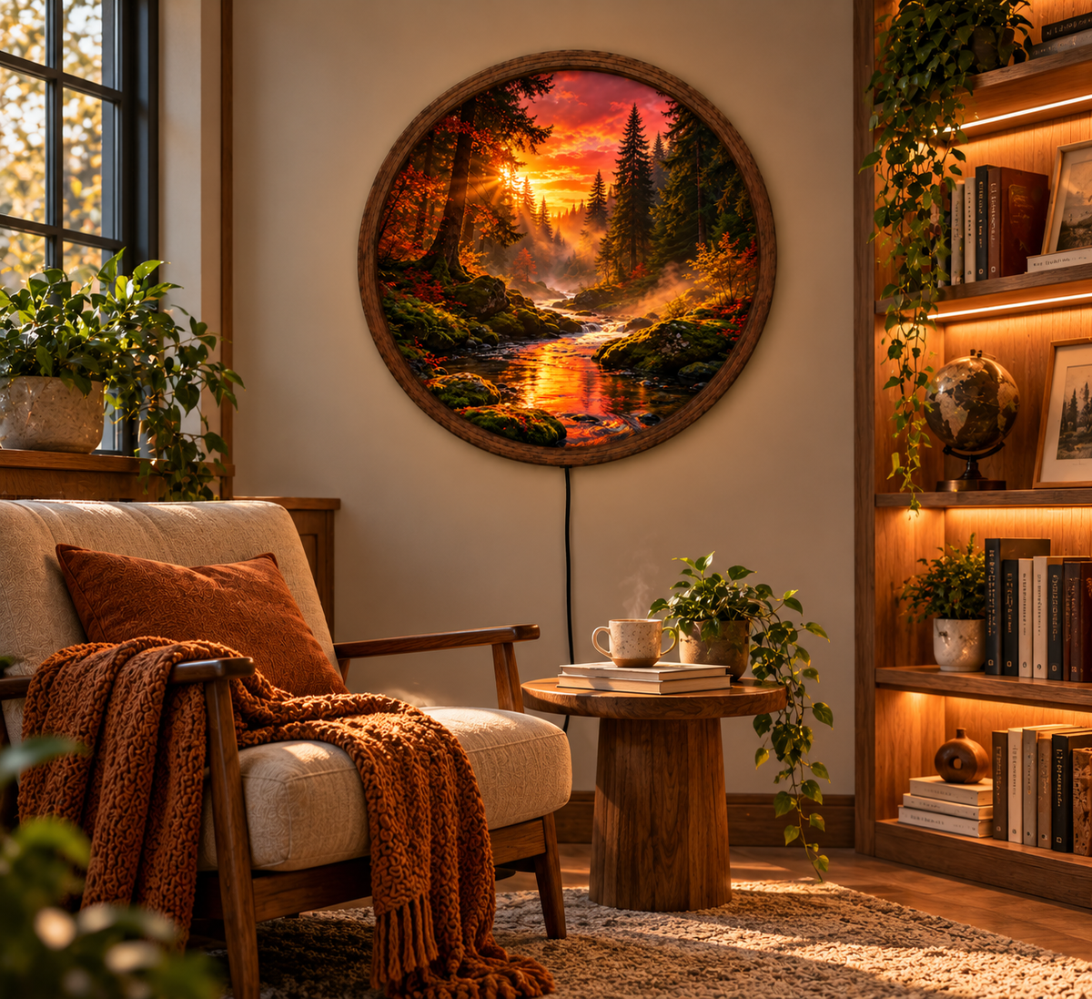 Sunset Forest LED Wall Art, Golden River Landscape Round Wall Light, Glowing Woodland Nature Decor, Cozy Bedroom Living Room Gift
