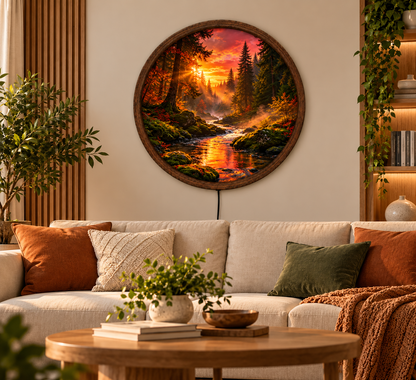 Sunset Forest LED Wall Art, Golden River Landscape Round Wall Light, Glowing Woodland Nature Decor, Cozy Bedroom Living Room Gift