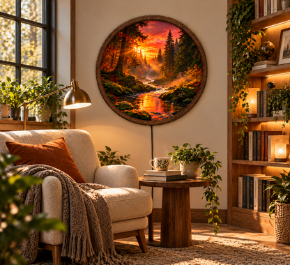 Sunset Forest LED Wall Art, Golden River Landscape Round Wall Light, Glowing Woodland Nature Decor, Cozy Bedroom Living Room Gift