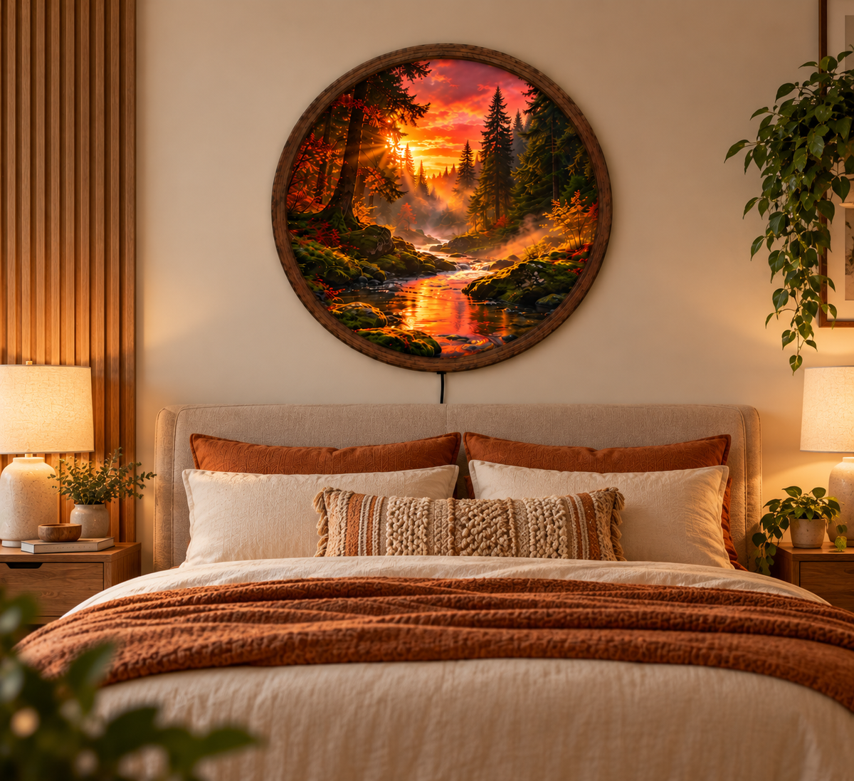 Sunset Forest LED Wall Art, Golden River Landscape Round Wall Light, Glowing Woodland Nature Decor, Cozy Bedroom Living Room Gift