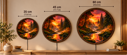 Sunset Forest LED Wall Art, Golden River Landscape Round Wall Light, Glowing Woodland Nature Decor, Cozy Bedroom Living Room Gift