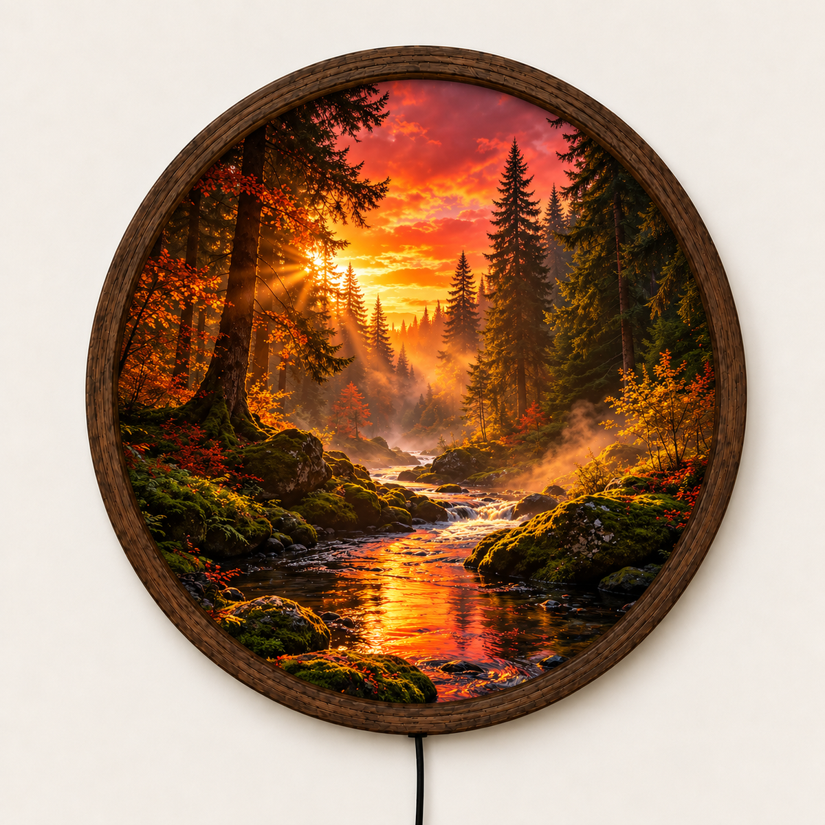 Sunset Forest LED Wall Art, Golden River Landscape Round Wall Light, Glowing Woodland Nature Decor, Cozy Bedroom Living Room Gift