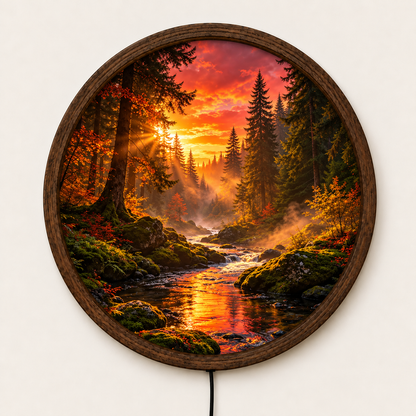 Sunset Forest LED Wall Art, Golden River Landscape Round Wall Light, Glowing Woodland Nature Decor, Cozy Bedroom Living Room Gift