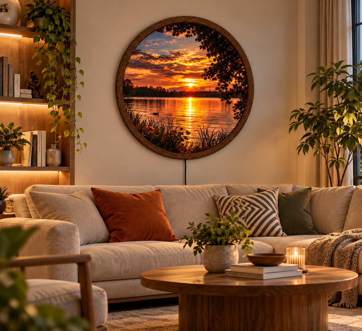 Sunset Lake LED Wall Art, Golden Sunset Round Wall Light, Peaceful Lake Landscape Decor, Illuminated Nature Wall Art, Cozy Bedroom Decor