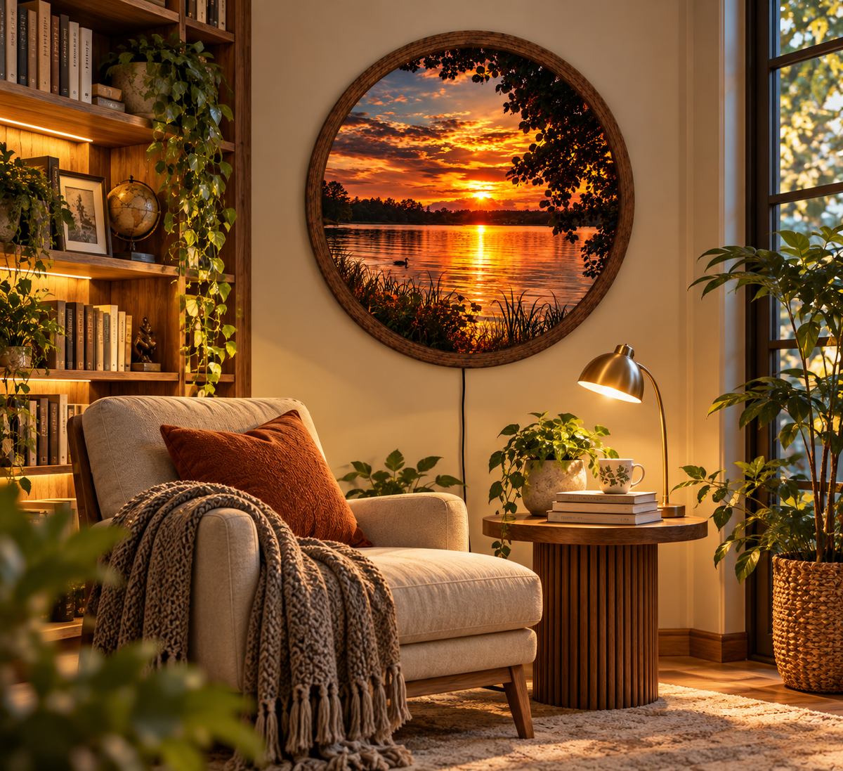 Sunset Lake LED Wall Art, Golden Sunset Round Wall Light, Peaceful Lake Landscape Decor, Illuminated Nature Wall Art, Cozy Bedroom Decor